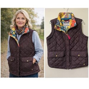Joules Women’s Quilted Brown Pocket Vest Higham Floral Lined Padded Size US 12